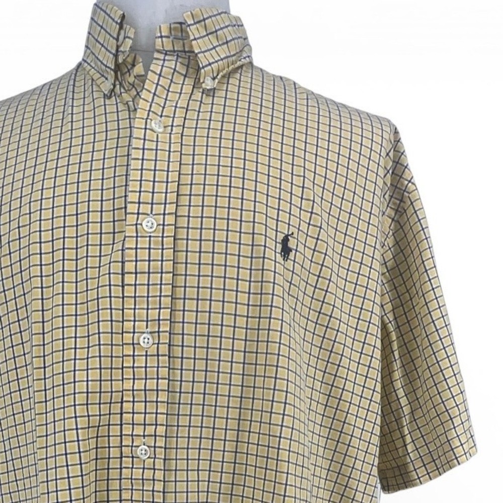 Ralph Lauren Blake Shirt Mens XL Yellow Navy Check Short Sleeve Button Up Cotton